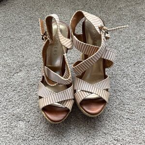 Bakers Tan and White Striped Crisscross Wedge Sandals